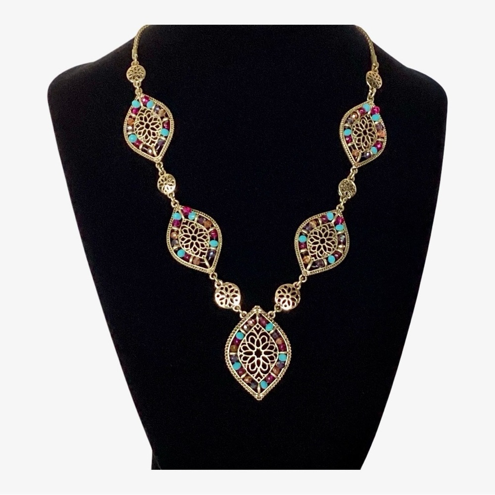 Lonna & Lilly Statement Necklace Gold Tone Multicolor Beaded Filigree Leaves